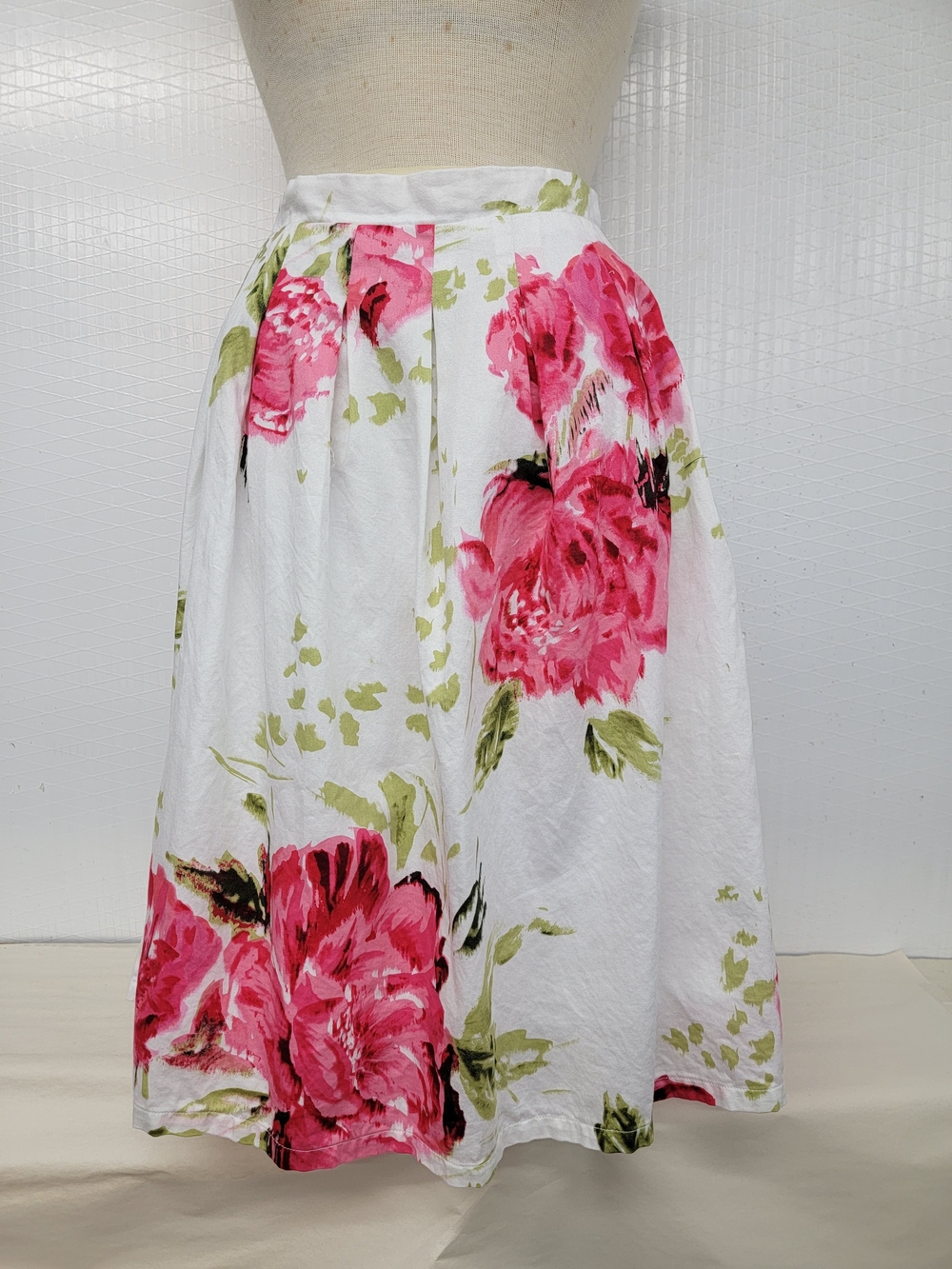 Floral A-Line Midi Skirt - Pink Floral on White - Vintage - Inspired